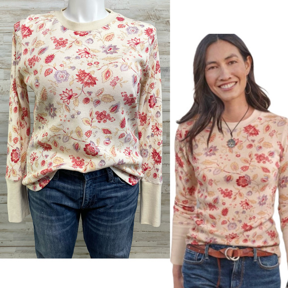 Sundance Tops - Sundance Della Fields Velvet Trim Button Cuff Floral Cream Thermal Top L